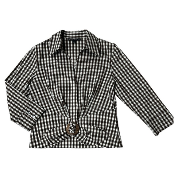 Lafayette 148 Brown Gingham Plaid Cropped Tie Front Shirt Top Size: 8 - Picture 1 of 14